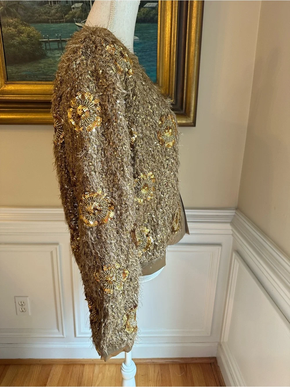 ZARA Brown Gold Fur Sequin Beaded Collarless Jacket